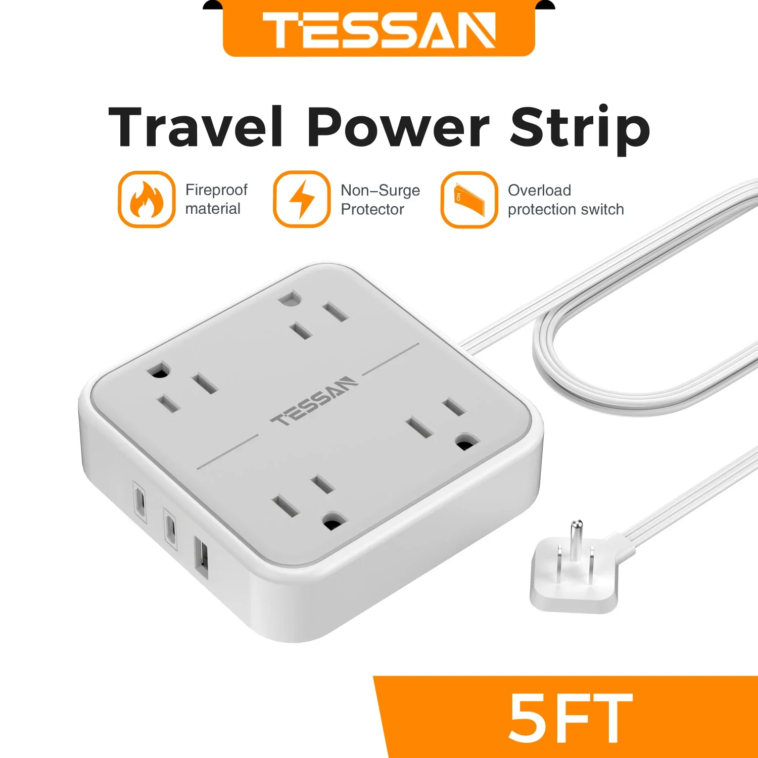 TESSAN Electrical Extension Flat Plug Type C Multi-Plug Strap Multi-Plug Connector with 8 AC Outlets and 3 USB Ports (1 Type C): BROWN