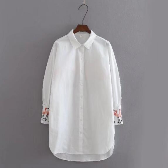 Chic flamenco pájaro bordado camisa blanca mujer solapa manga larga media blusa larga
