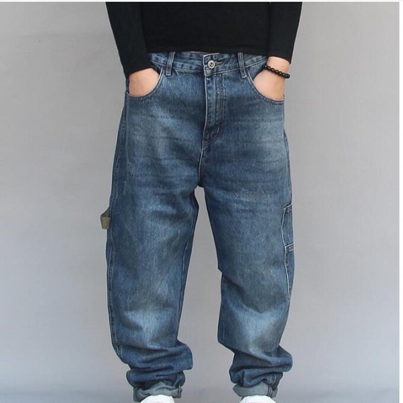 Løse baggy jeans til mænds afslappede denimbukser hip hop harem jeansbukser blå plus størrelse skridt denimbukser: Xl