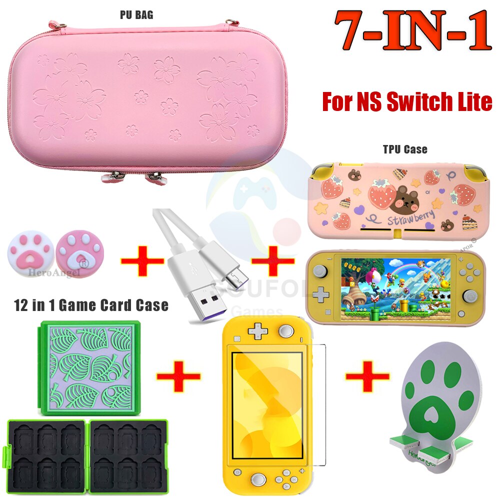 7 IN 1 Sakura custodia IN PU rosa per Nintendo Switch / Lite custodia da viaggio custodia IN pelle per Nintendo Switch accessori protettivi: Lite 7 in1 Pink A