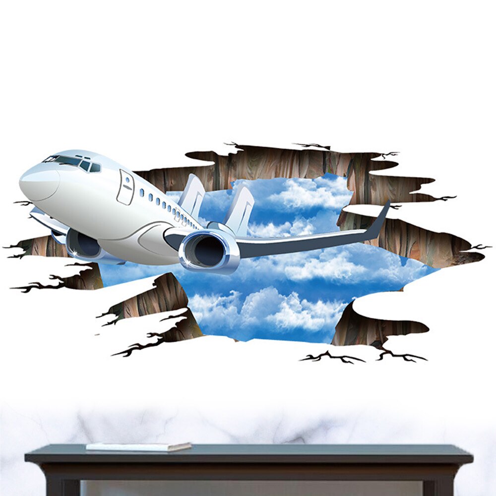3D Wall Decals Blue Sky Clouds Aircraft Wall Stickers for Kids Baby Rooms Living Room Bathroom Poster Floor Decoration