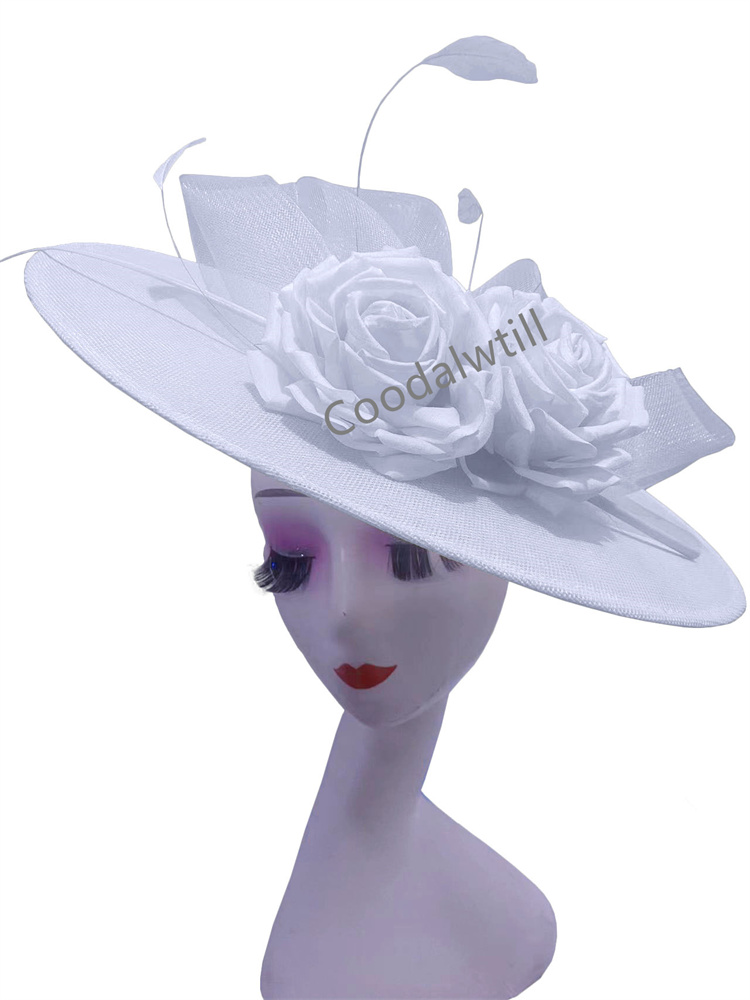 Grote Bloem Fascinators Hoed Hoofddeksel Vrouwen Kentucky Kerk Hoeden Dames Derby Veer Pillendoos Fascinator Hoeden: WHITE