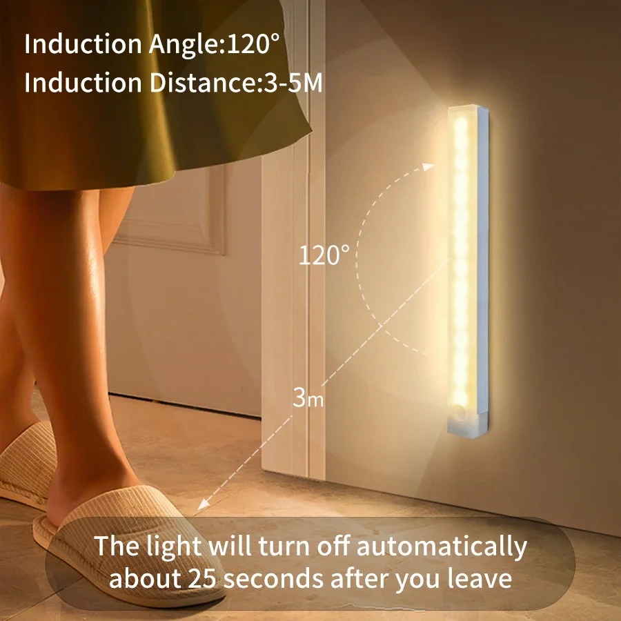Luz LED para armario con Sensor de movimiento, luz nocturna LED recargable inalámbrica, portátil, para cocina, armario, escalera, retroiluminación