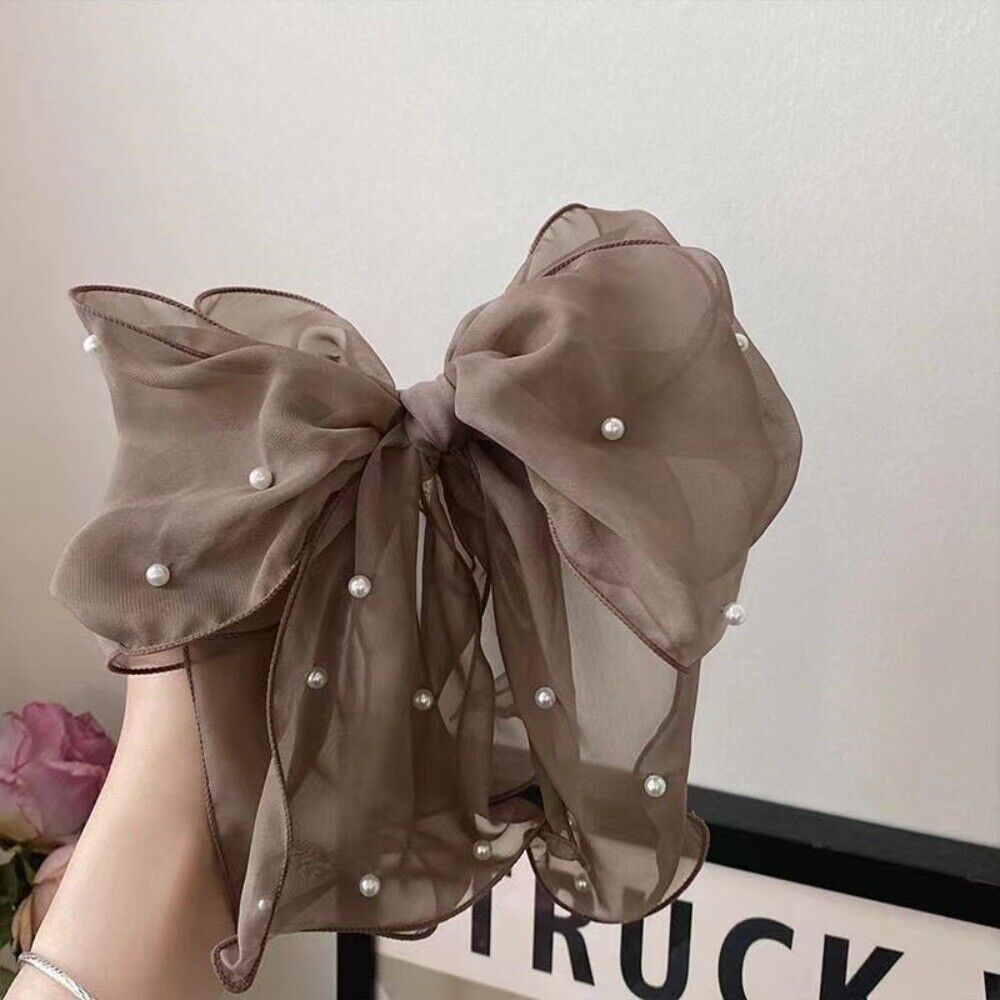 Pinces à cheveux en mousseline de soie avec nœud papillon pour femme, nœud de perle de ruban pour femme, épingle à queue de cheval, nœuds barcords, vêtements de sauna élégants, accessoires de luxe: kaki foncé