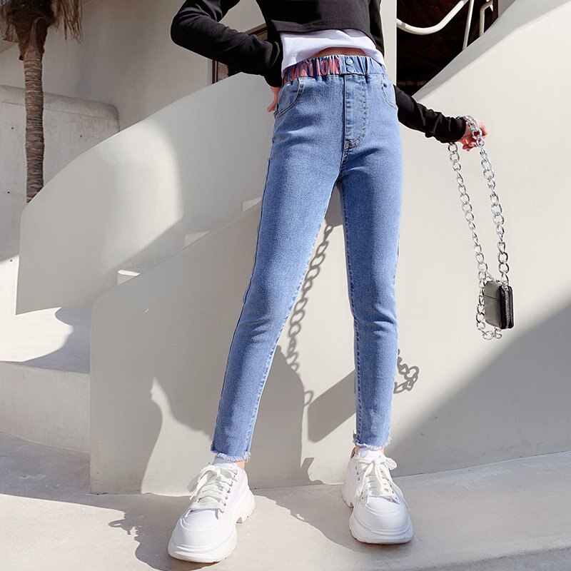 Skinny Fit Children's Jeans 4 5 6 7 8 9 10 12 14Years Teenager Slim Jeans Korean Solid Color Denim Pencil Pants Student Girls