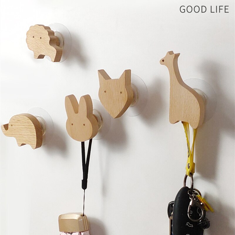 Nordic Style Wood Animal Hook Natural Oak Cute Cartoon Home Decor Door Wall Hook Key Holder Multi Function Modern Storage Hanger