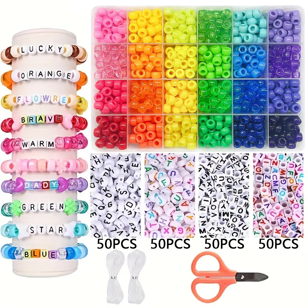 Pony Beads for Friendship Bracelet Making Kit 24 Colors Kandi Beads Set, Plastic Rainbow Bulk and 980pcs Letter Beads wit: Light Yellow Gold Color