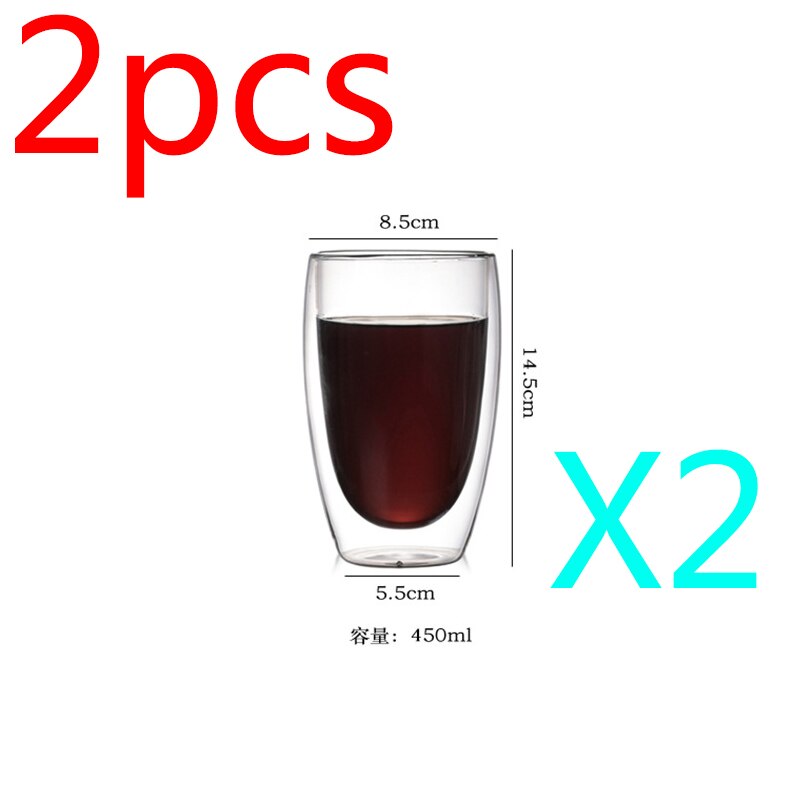 Transparante Double-Layer Isolatie Cup Warmte-Proof Anti-Freeze Melk Kopje Koffie Kopje Thee Cup Drankkop ijs Cup: 450ml x2