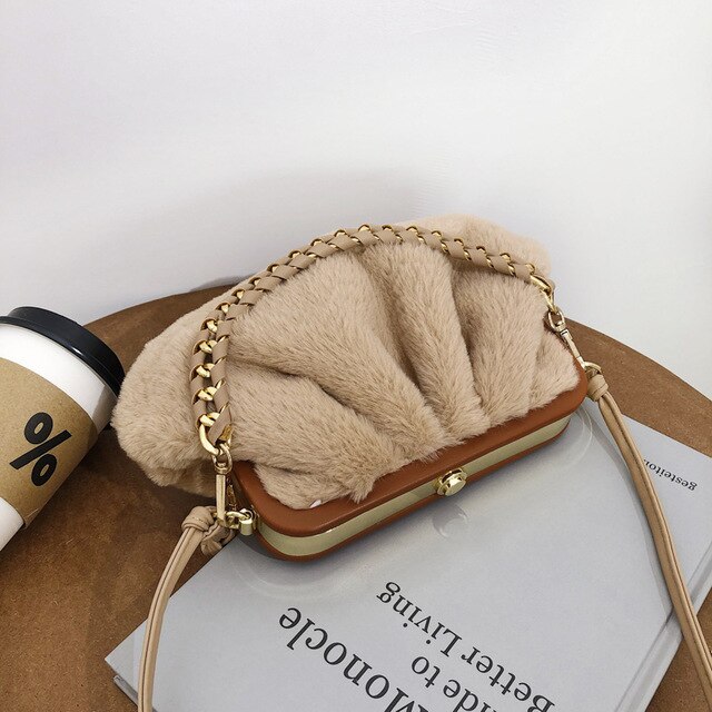 Faux Fur Small Soft Crossbody Bags for Women Winter Trend Shoulder Handbags Branded Trending Shell Bags and Purses: Khaki