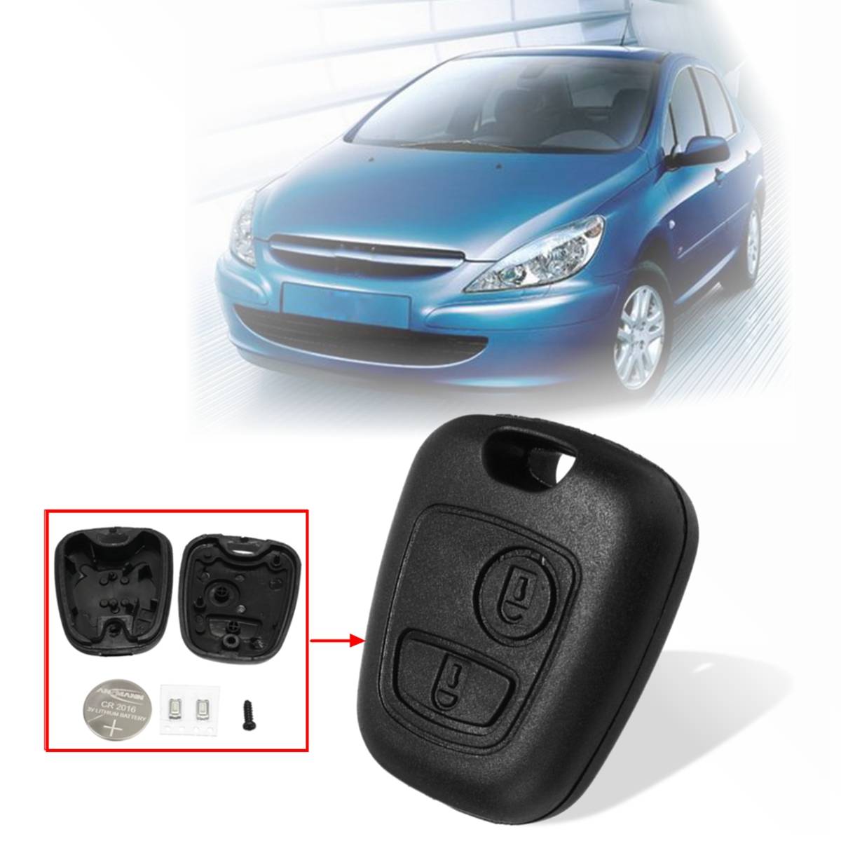 2 knoppen Auto Afstandsbediening Sleutelhanger Case Shell met Batterij Vervanging Kit Voor Peugeot 106 107 206 207 306 307 405 406 407