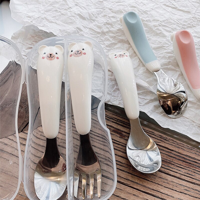 Kawaii Bear Cutlery Set Ceramics Handle 304 Stainless Steel Spoon and Fork Set Kitchen Dinnerware Flatware for Kids Adults