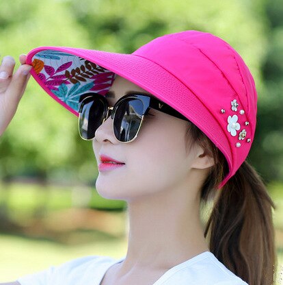 Kvinder sommer solhatte strand hat beskyttelse uv beskyttelse kvinde kasket afslappet dame sommer kasketter hestehale bred skygge hat: Fuchsia