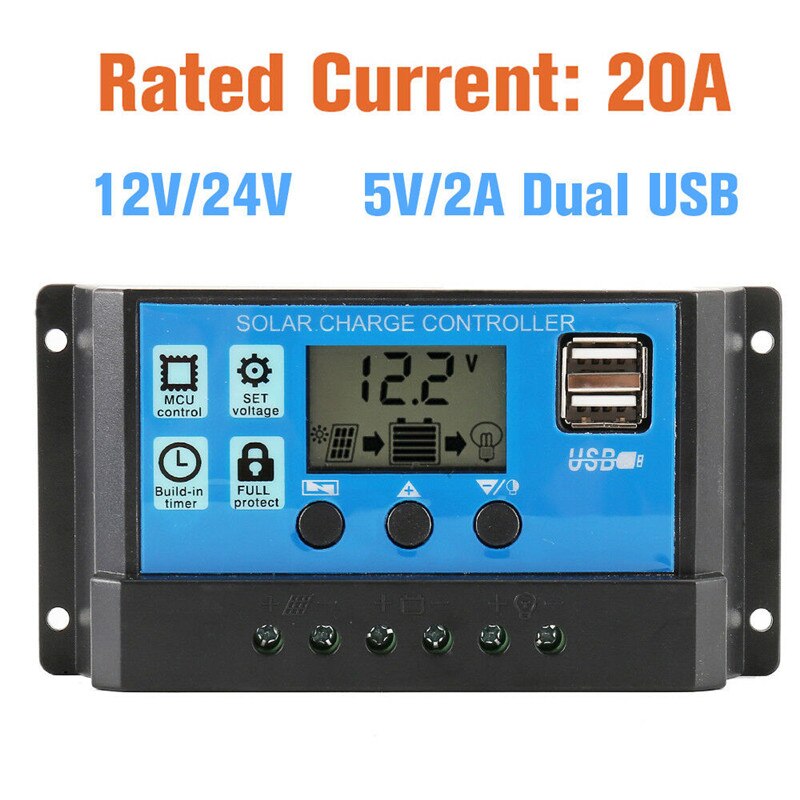 Controlador de carga del regulador de la batería del Panel Solar LCD de confianza Controlador Solar Dual USB 12v 24v 20A cargador de batería Dual USB