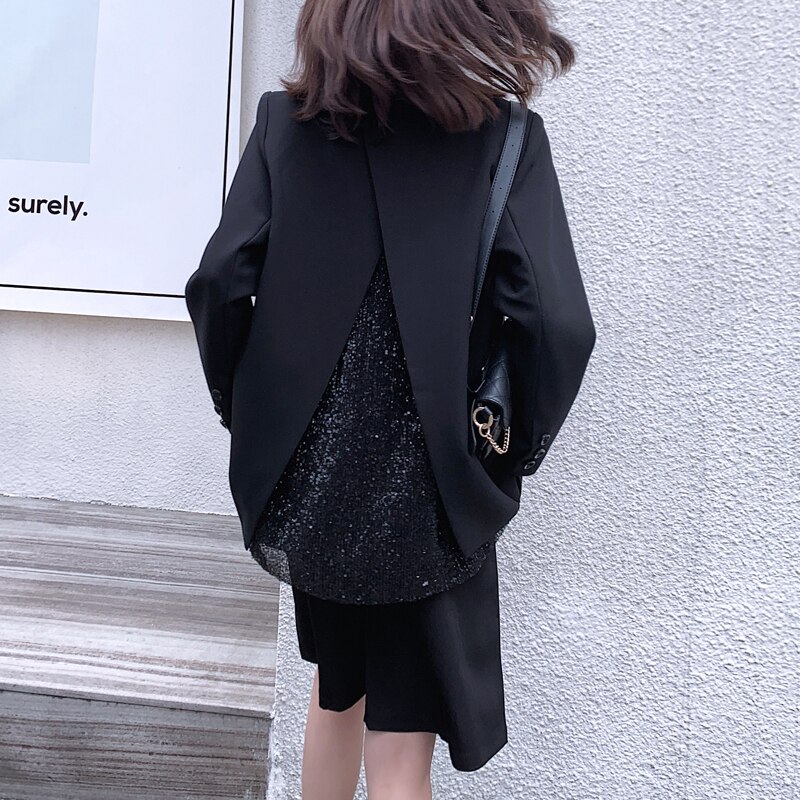 [eam] kvinder ryg ryg vent pailletter split blazer revers lange ærmer loose fit jakke tide forår efterår 1 z 367