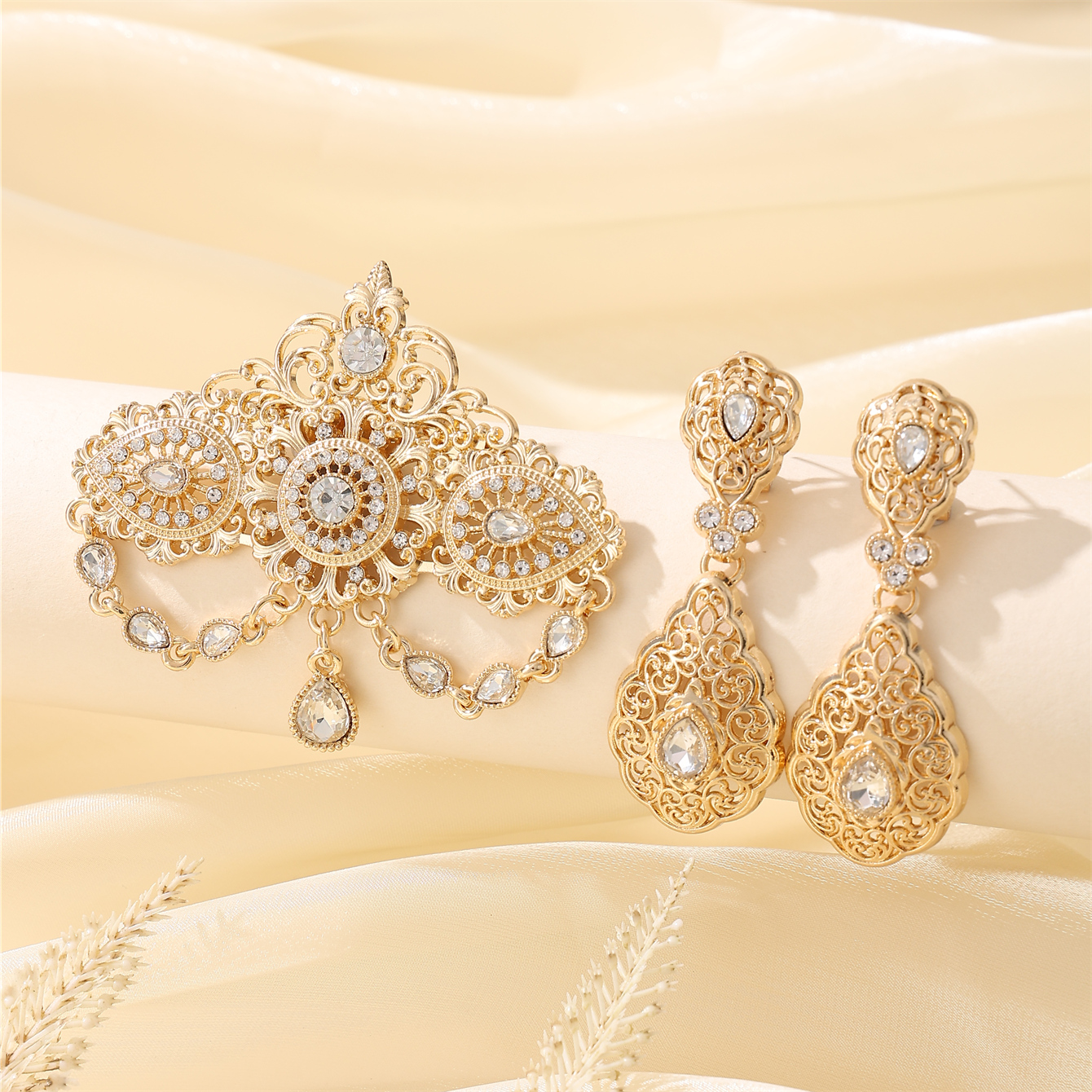 Pendientes decorativos nupciales marroquíes, joyería para las orejas de hueco, accesorios populares para mujeres para fiestas y festivales de bodas: COLOR ORO ROSADO