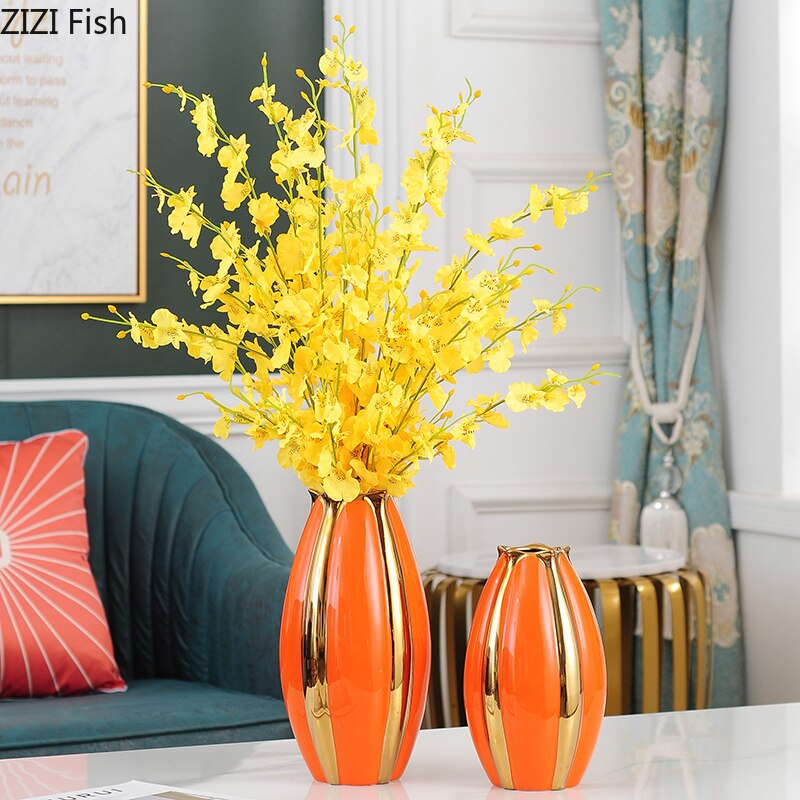 Star Fruit Ceramics Vase Orange Porcelain Vases Desk Decor Golden Stripes Floral Artificial Flowers Home Decoration Modern