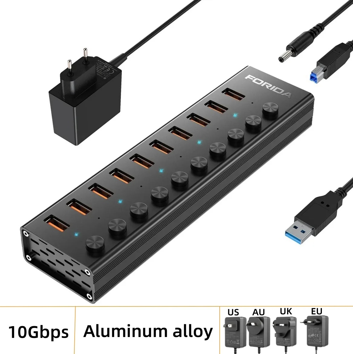 FORIDA 10 puertos USB A 3,2 extensión USB C Hub 10Gbps estaciones de acoplamiento interruptor de encendido/apagado divisor de energía para ordenador portátil Macbook de escritorio