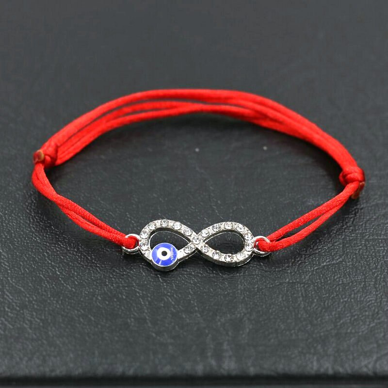 Pulsera con abalorios de circonia cúbica Infinity 8 para hombre y niña, cuerda de hilo de cuerda roja, pulseras para parejas, para niños y mujeres: 8 eye red silver
