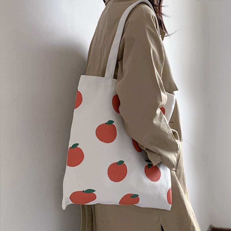 Large Canvas Tote Shoulder Bags for Women Cartoon Tomato Print Lady Cotton Cloth Shopper Bag Eco Foldable Shopping Handbag
