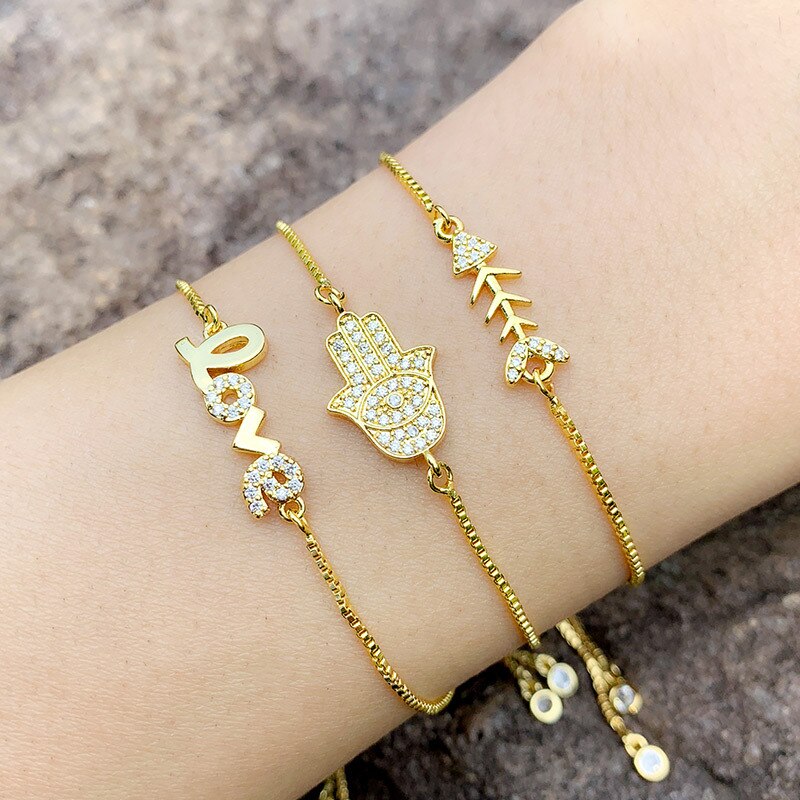 ZHONGVI Fish Bone Love Letter Bracelets For Women Gold Filled Hamsa Hand Bracelet Fatima Cubic Zirconia Statement Jewelry