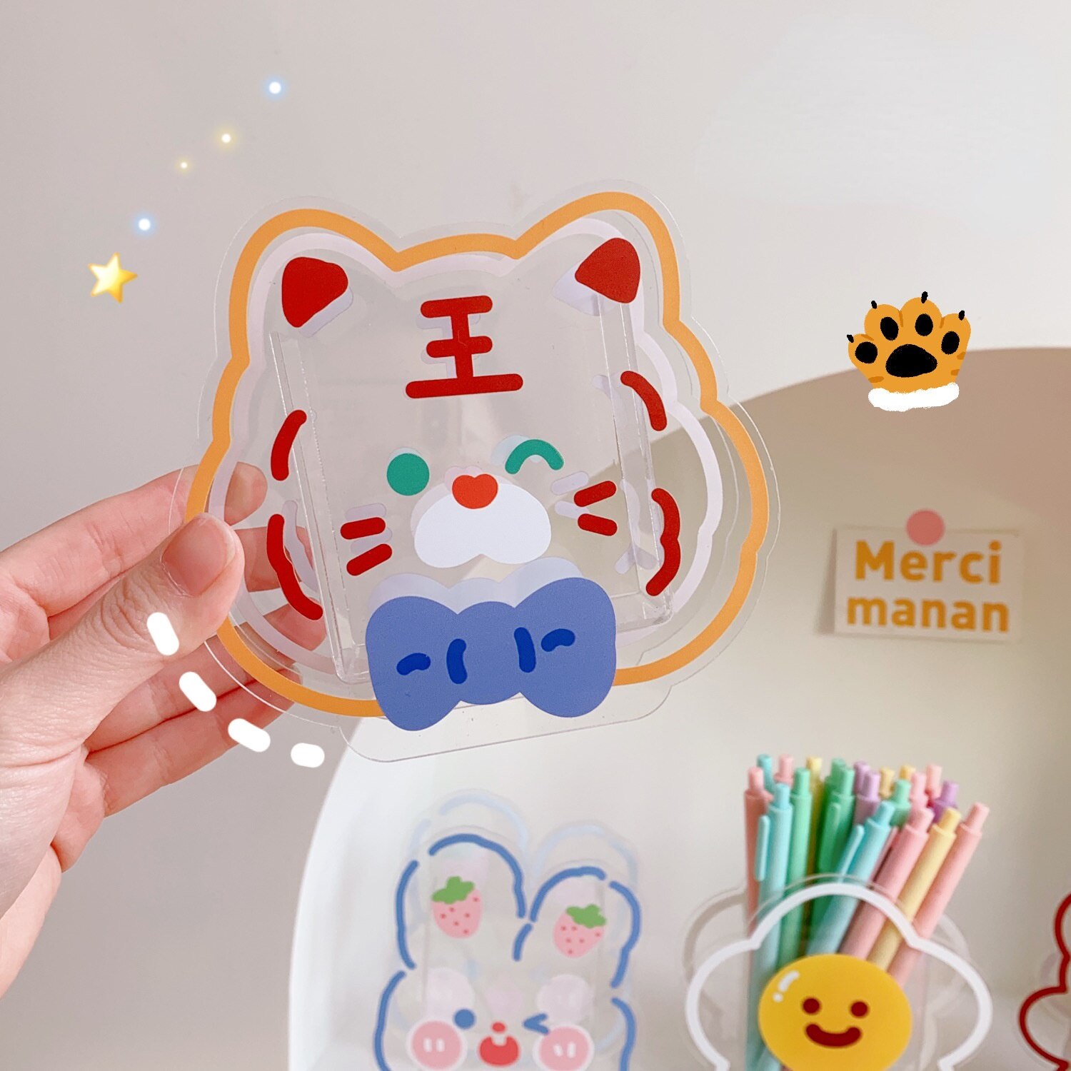 Organizador Kawaii para bolígrafos, caja de almacenamiento bonita, creativa, de acrílico, para decoración de escritorio, transparente, para estudiantes