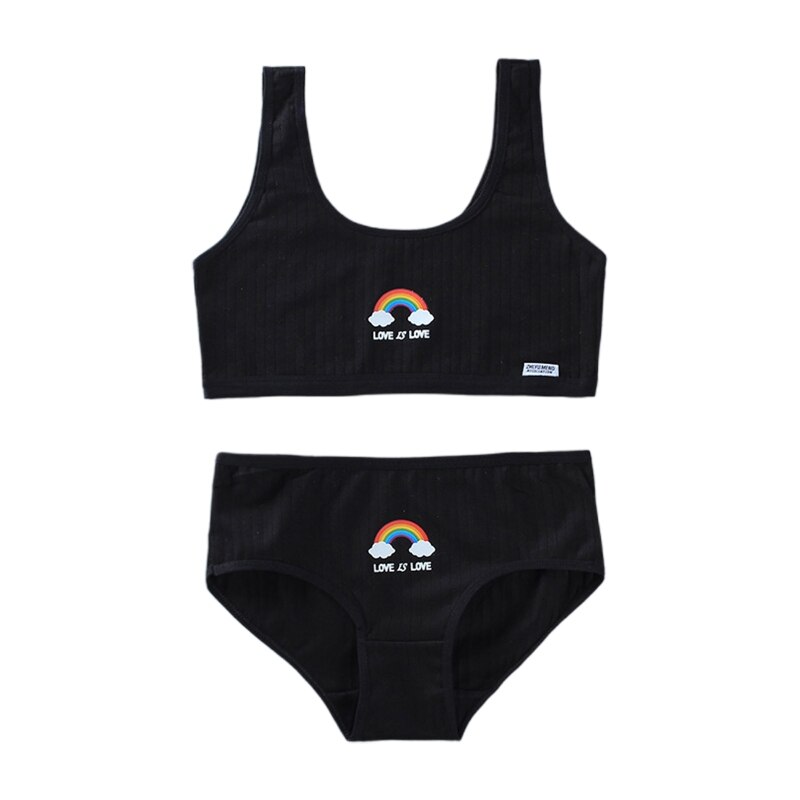 Teenage Young Girls 2 Piece Underwear Set Rainbow Bridge Print Cotton Training Bra Vest Top and Matching Panties Sports Bralette: Black