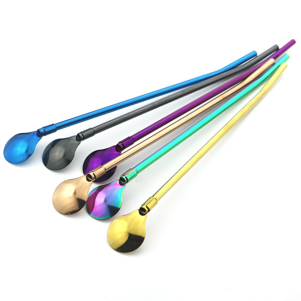 4 unids/set reutilizable paja larga cuchara Multicolor 18/10 pajas de acero inoxidable cuchara para té Bar de café agitación cuchara de beber