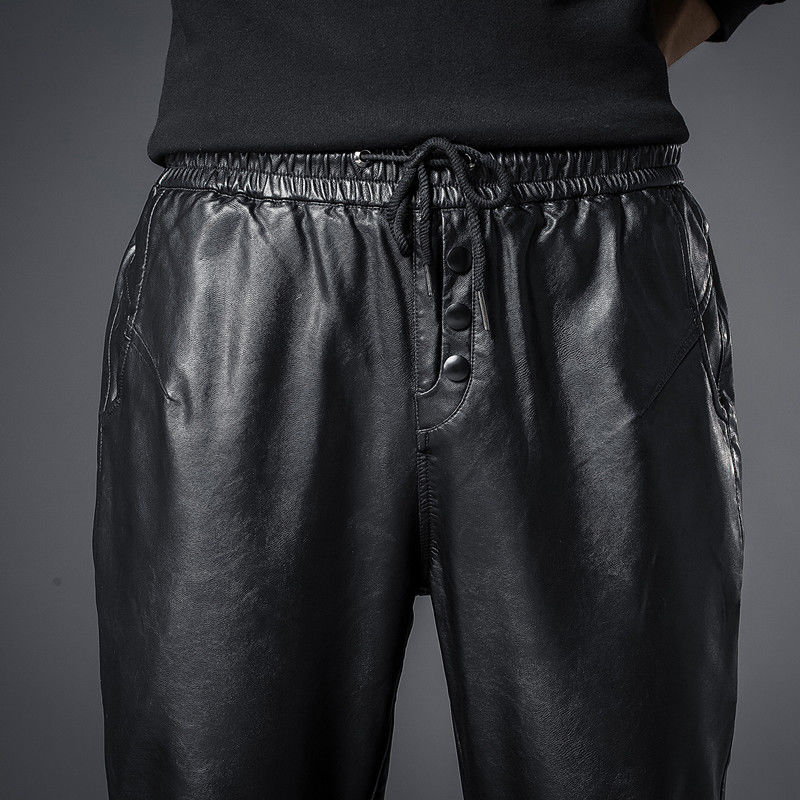 Idopy Men`s Faux Leather Joggers Pants Elastic Waist Motorcycle Biker Black PU Leather Soft Trousers