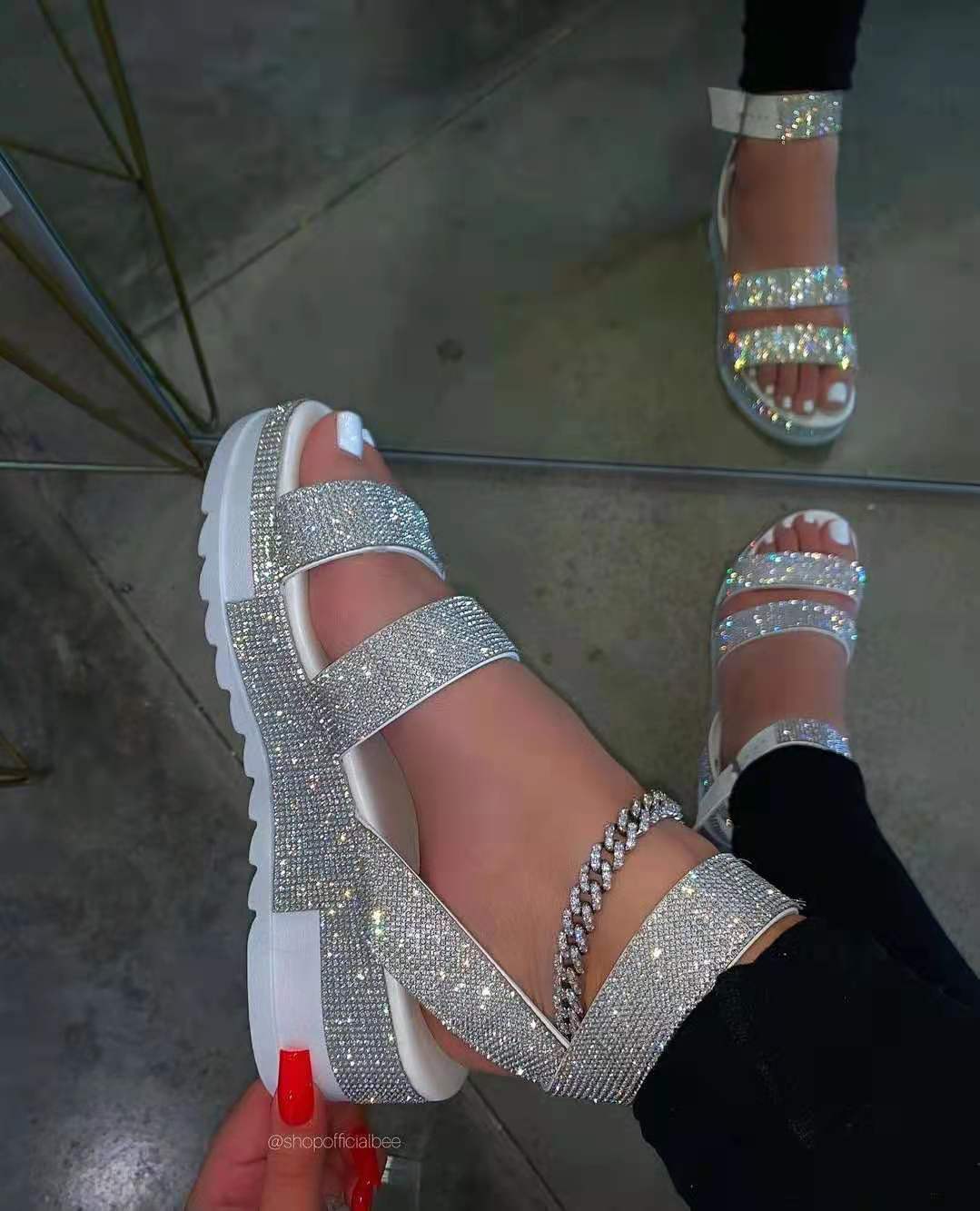 Shiny Rhinestone Platform Bling Beach Sole Ankle Strap Women Sandals Ladies Sports Style Wedges Casual Shoes Big Size 43 AC775: white / 42