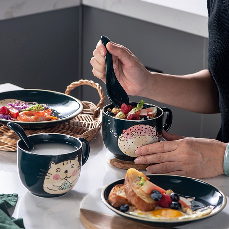Taza y plato para desayuno de avena, juego de microondas de cerámica para el hogar, tazón de cereales y leche de gran capacidad