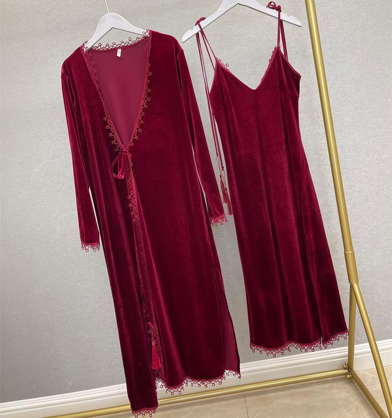 Conjunto de Bata larga de terciopelo para mujer, ropa de dormir suelta, Kimono, bata de baño con cinturón Sexy, lencería íntima para estar en casa, 2 piezas