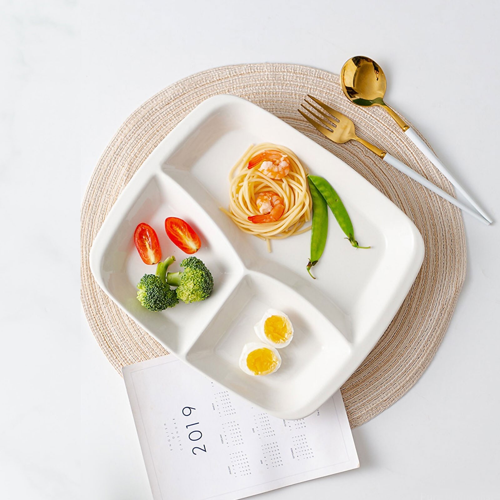 1Pc Ceramic Breakfast Plate Three-grid Plates Quantitative Plate (White)