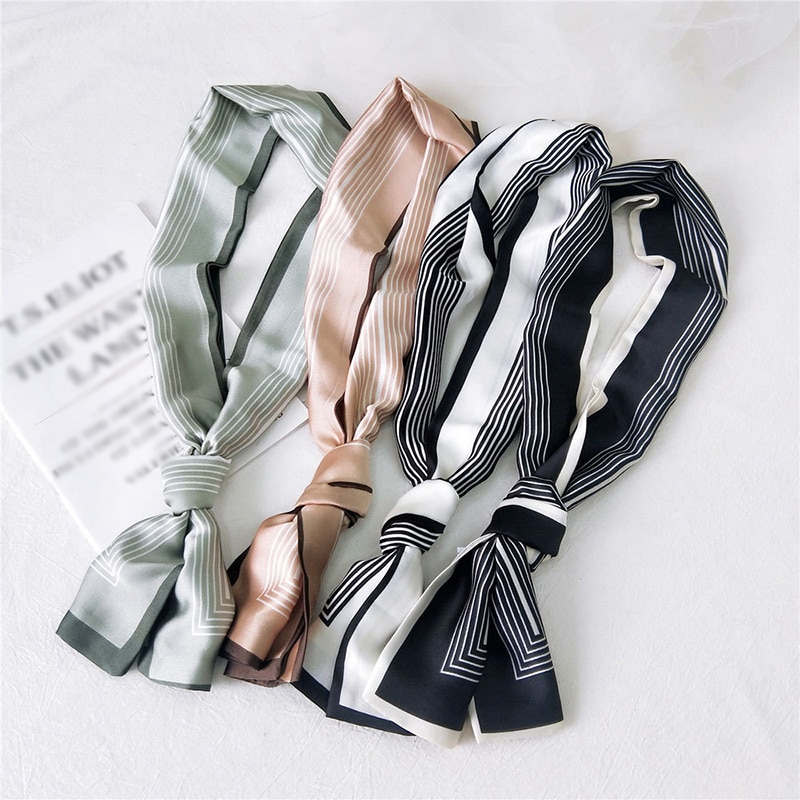 Women Neck Scarf Diy Hair Tie Hairbands Euro Style Skinny Wristband Narrow Long Striped Scarves Handbag Ribbon