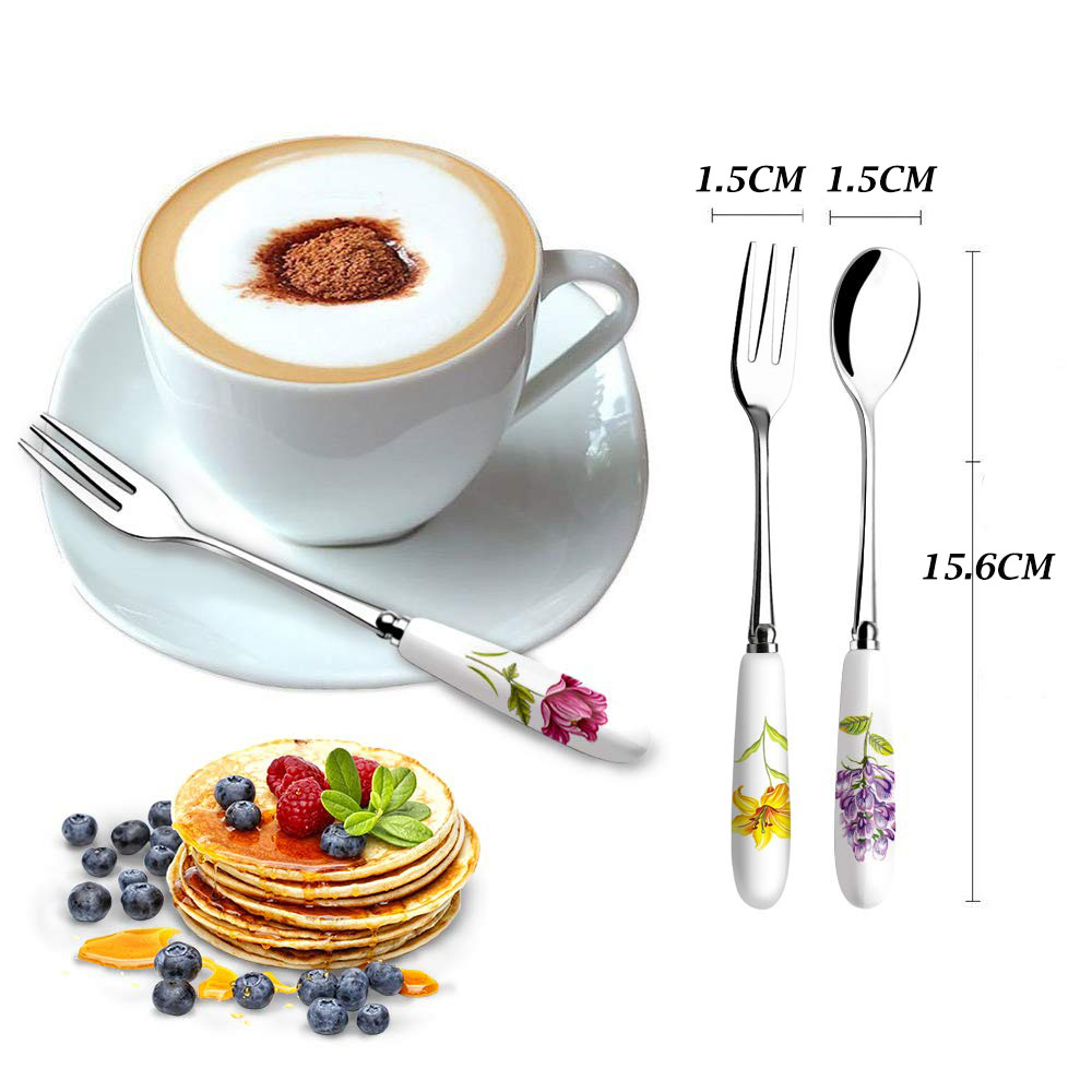 Ustensiles et fourchettes à Dessert fruits | Manche en céramique, cuillères et fourchettes Dessert fruits en acier inoxydable, disciple soupe gâteau goûter thé café couverts de table 12 pièces
