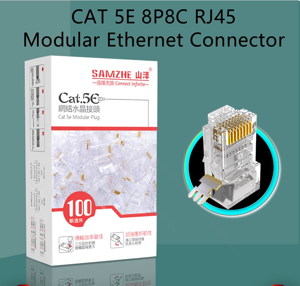 SAMZHE Cat5e RJ45 Modulaire Plug 8P8C Connector voor Ethernet Kabel, Vergulde KAT 5e Gigabit Bulk Ethernet Crimp Connectors