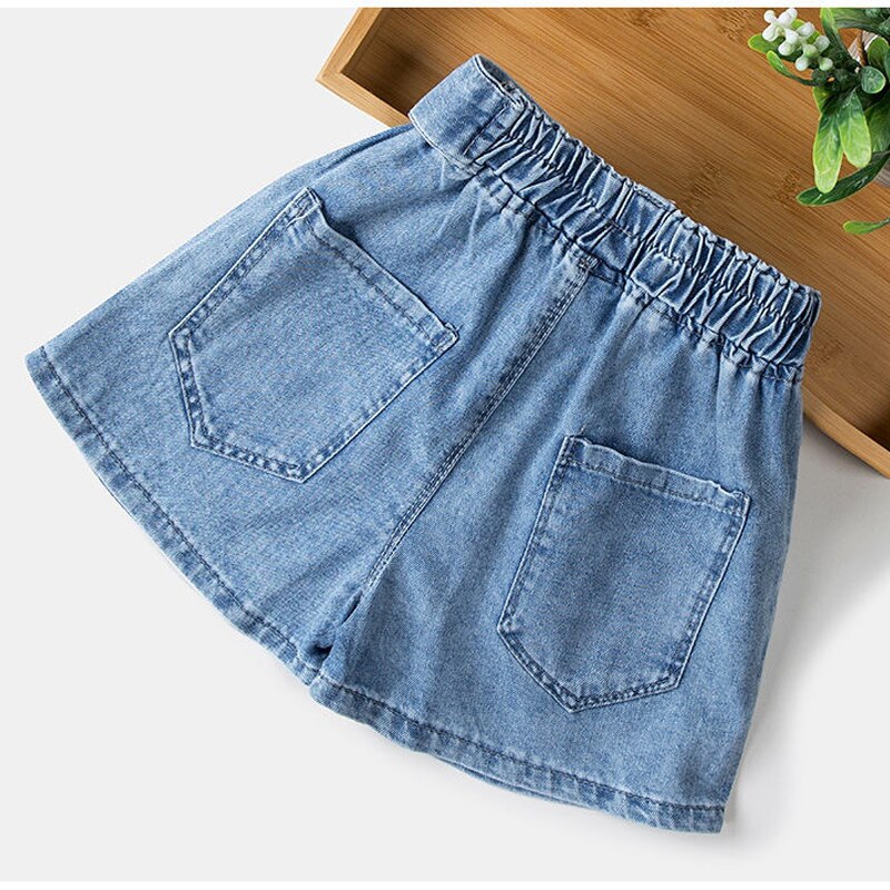 Pantaloncini per bambina Jeans pantaloni estivi in tinta unita per bambini coreani adolescenti pantaloncini elastici in vita abiti blu per adolescenti