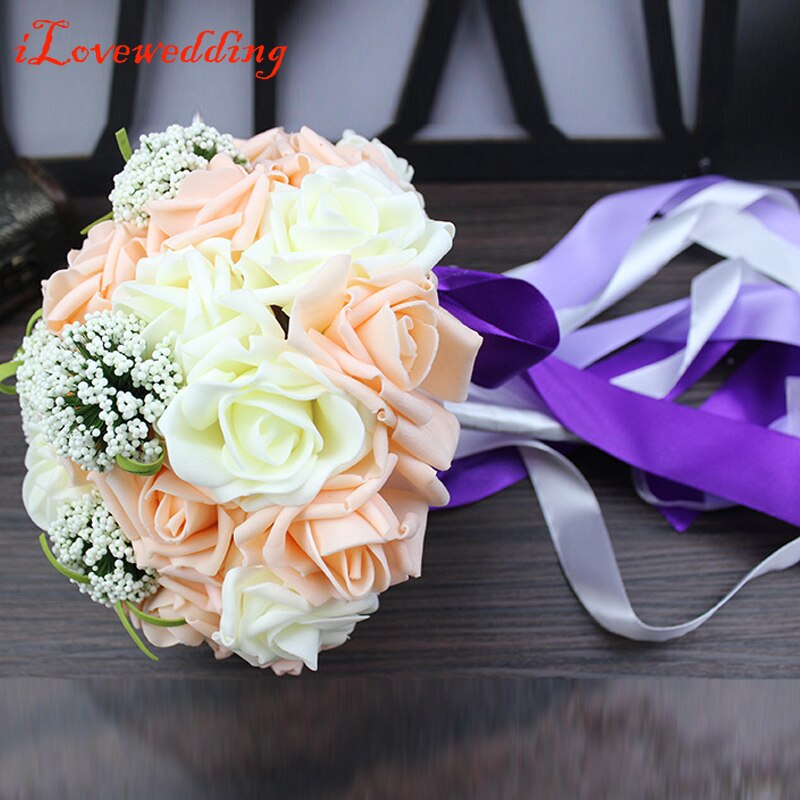 Ilovewedding brudebryllup buket buket bånd håndlavet 30 stk pe roser bryllup blomster brude buketter lilla