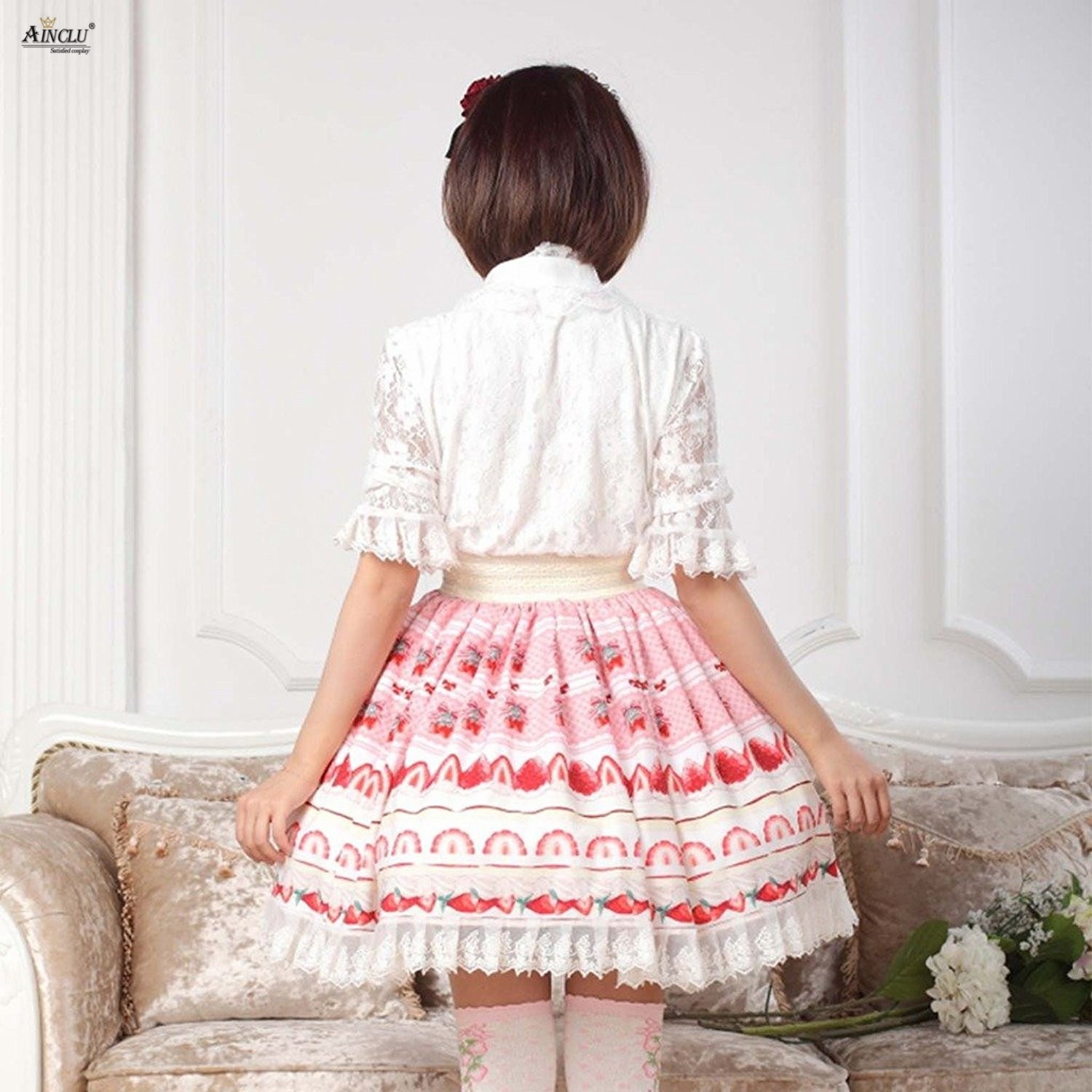 Kvinners kjæreste jordbærtrykte lolitaskjørt rosa polyester blondere prinsessefest fersk lolita puffskjørt