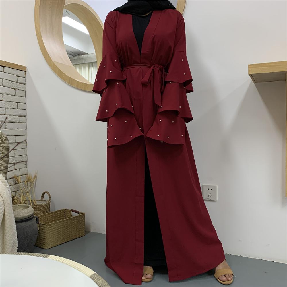 Bescheiden Mode Eenvoudige Zwarte Parel Kimono Moslim Islamitische Kleding Model Abaya In Dubai: Rood / S