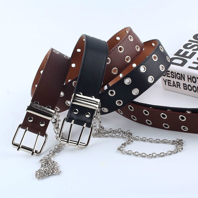 Women Punk Chain Belt Adjustable Black Double/Single Eyelet Grommet Leather Buckle Belt