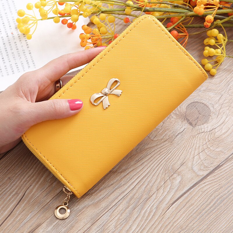 Kaarten Wallet Dames Leuke Strik Vrouwen Lange Portemonnee Effen Kleur Clutch Bag Pu Lederen Portemonnee Telefoon Kaart houder Tas: Yellow