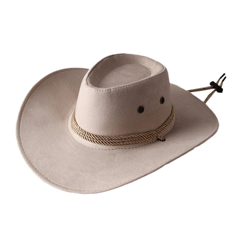 Unisex Western Cowboy Hat with Rope Men Women Retro Wide Brim Trendy Solid Color Jazz Hat Windproof Outdoor Sun Protection Cap: Beige