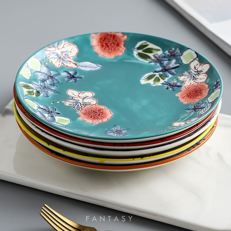 Foreign Trade Authentic Tableware Hand-Painted Relief Glazed Plate High-End Kitchen Plate Salad Steak Plate Sushi Plate