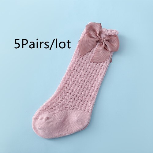 Lawadka-Calcetines de malla de algodón para bebé recién nacido, medias hasta la rodilla con lazo, calcetín largo para niño de 0 a 24 meses, 5 par/lote,: dark pink 5 Pairs / M 12to24month