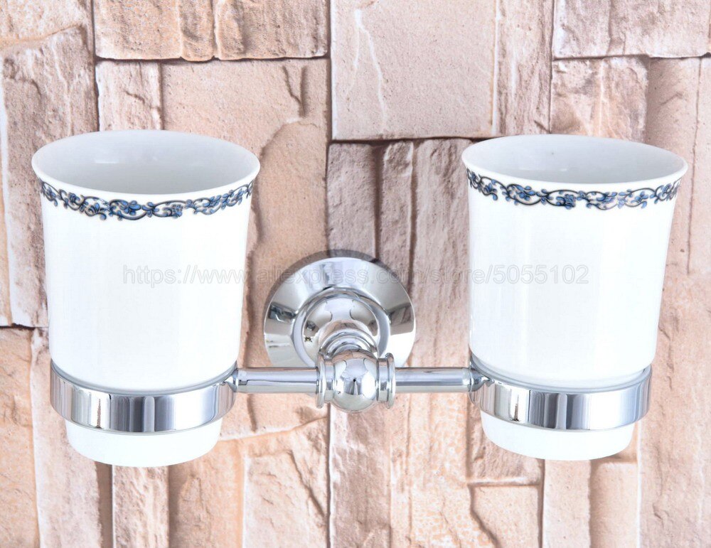 Polished Chrome Wall Mounted Double Toothbrush Holders With 2 Creamic Cups Tooth Cup Holders For Bathroom Accessories zba796