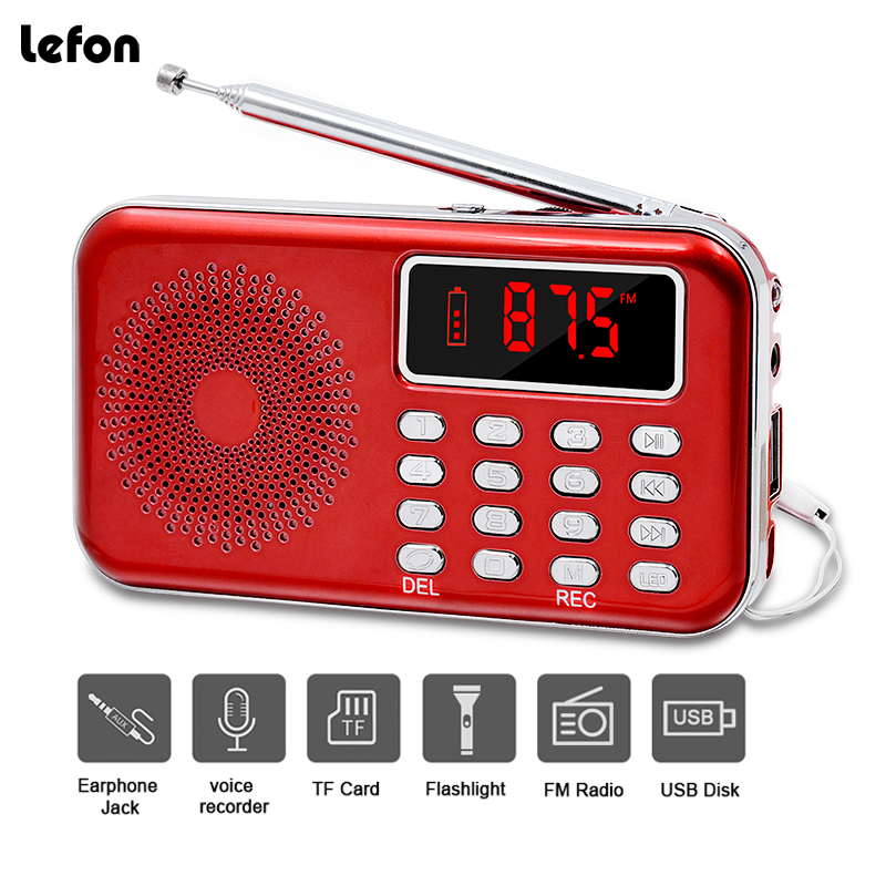 Lefon Portable Mini Radio FM Stereo Receiver Speaker Recorder MP3 Player Support TF SD Card USB AUX LED Display Flashlight