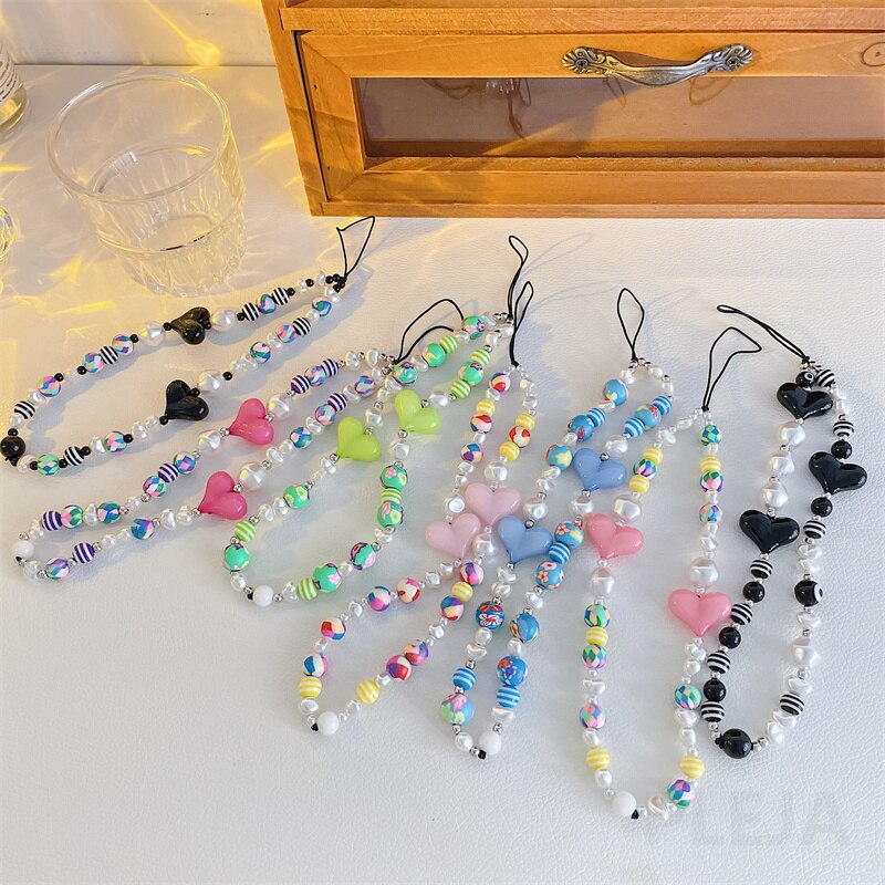 Mode Liefde Hart Mobiele Telefoon Riemen Voor Iphone 11 12 13 Pro Max Armband Hanger Leuke Sleutelhanger Ornament Parel Hand touw Ketting