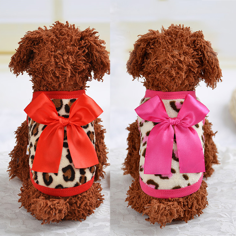 Leopard Pet Dog Kleding Vest Voor Hond Coral Warme Zachte Kleine Hond Kleding Kostuum Mode Boog Hond Vest
