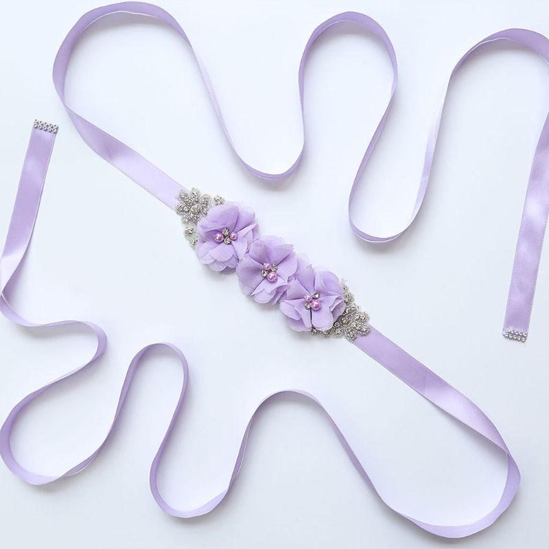 fajín de Tres flores para mujer, pretina de cuentas de estrás, fajín nupcial, fajín para boda, vestido ceñido en la cintura, cinturón, 12 colores: Lavanda