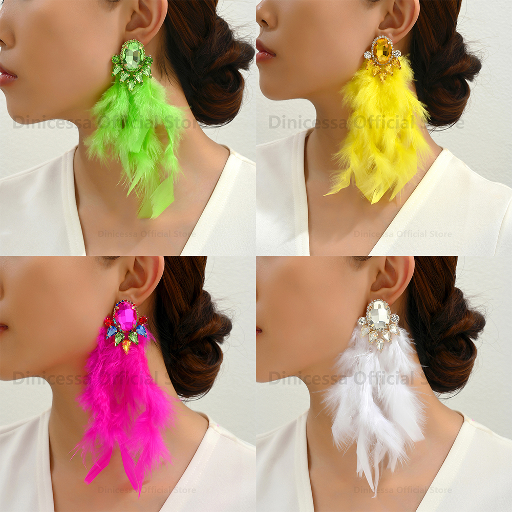 Pendientes largos con borlas de plumas para mujer, aretes elegantes y bonitos, de lujo, accesorios de joyería para y boda
